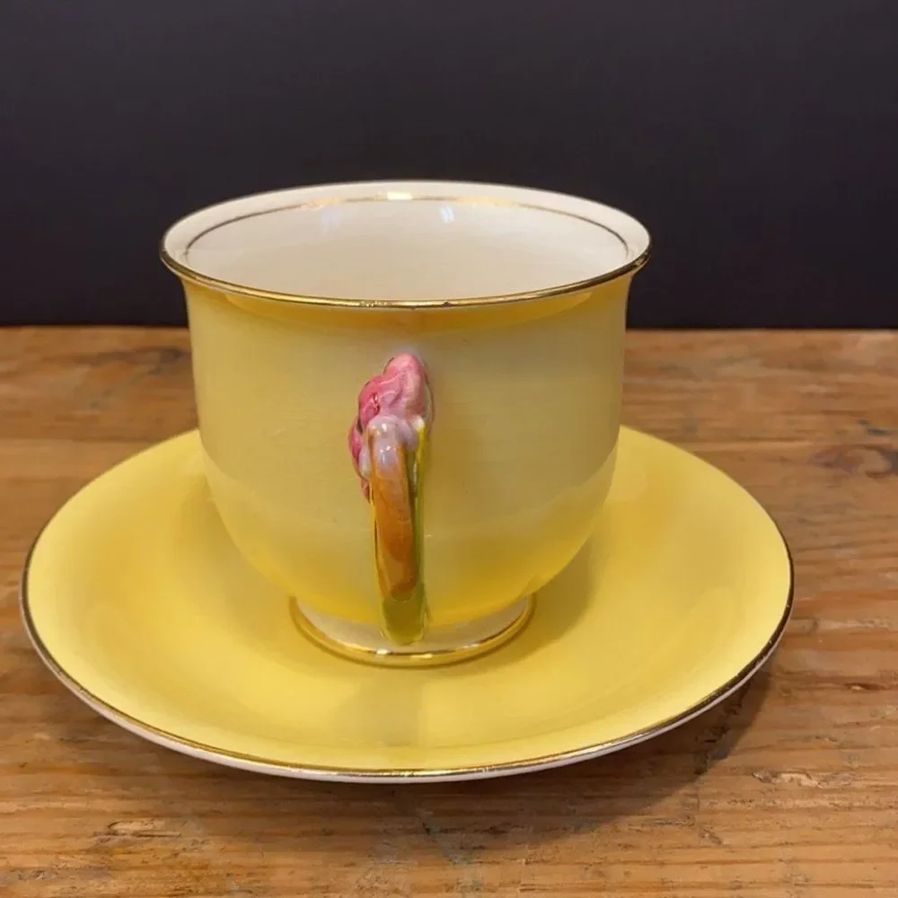 Yellow and Gold Gilt Royal Winston Bone China Tea Cup with flower handle - Picture 3 of 10